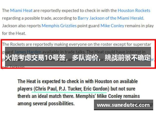 火箭考虑交易10号签，多队询价，挑战前景不确定